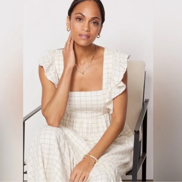 Evereve Mae Ivory Windowpane plaid ruffle Sundress Medium Midi length - Picture 3 of 13